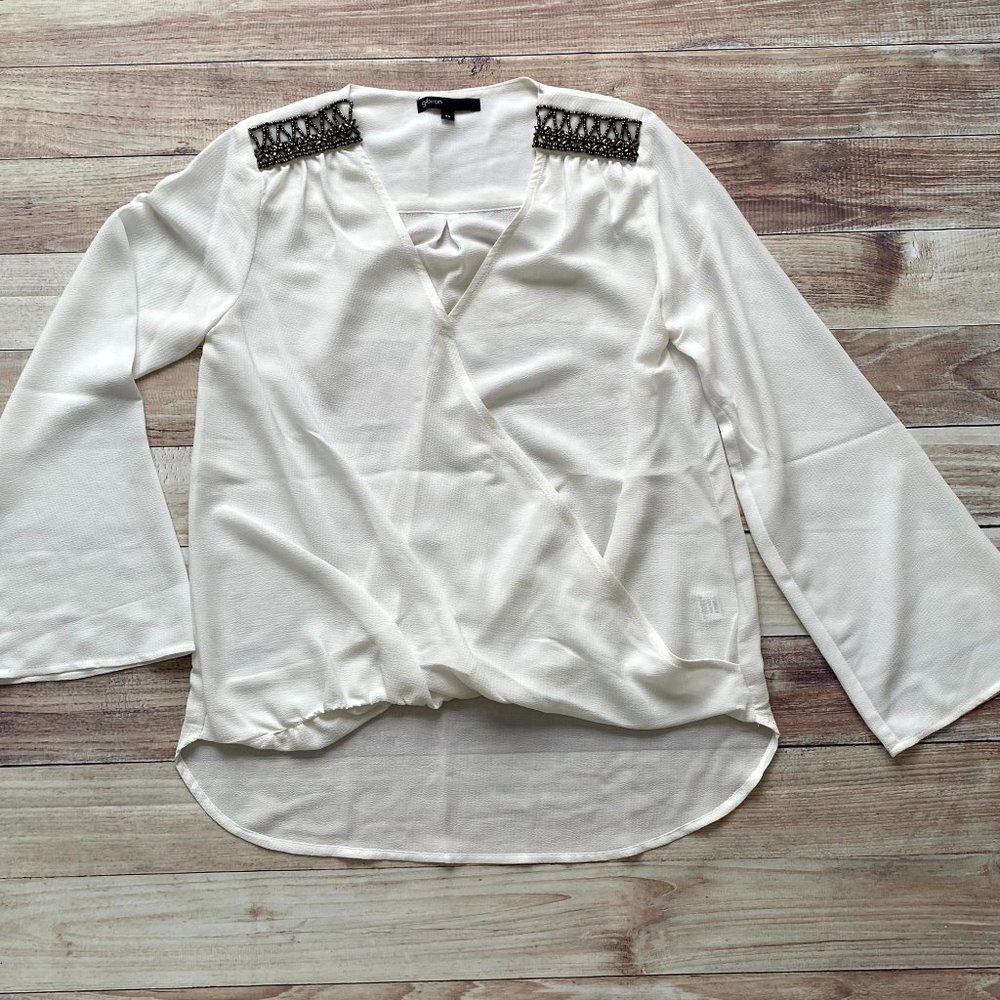 Women's Gibson Faux Wrap Blouse with Shoulder Bling | Size XS